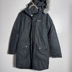 Columbia Parka Jacket Womens L Black Solid Omni-Heat Faux Fur Hood Winter Coat